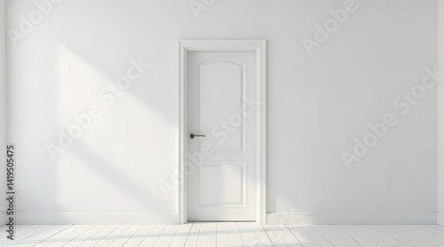 Closed white door in white wall. Stylish design of white door embedded in white wall. White wall with sunbeams and white door.