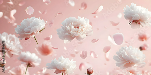 Fototapeta Naklejka Na Ścianę i Meble -  Beautiful white peony flowers and petals in flight against a light pink pastel background with copy space. A creative floral layout for spring. Spring blossom backdrop.