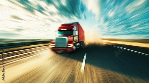 Red truck speeding, blurred motion, highway.