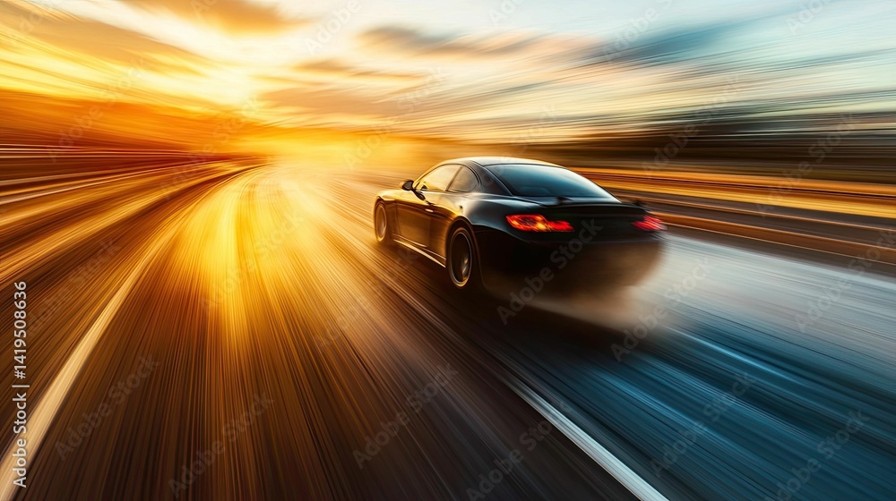 Fast black car speeding sunset, blurred motion. Fast black car speeding sunset, blurred motion.