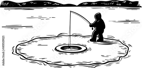 Ice fishing adventure on canada day frozen lake outdoor activity winter wonderland angler's perspective celebrating nature
