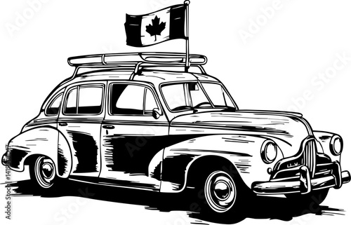 Vintage car parade celebrating canada day downtown city illustration festive atmosphere side view national pride