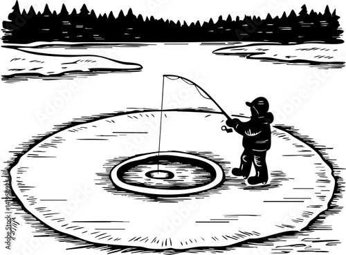 Ice fishing adventure canada outdoor activity winter landscape angler's perspective celebrating canada day