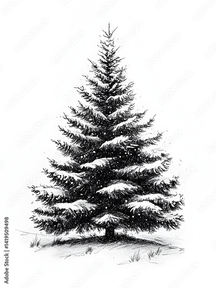 Fototapeta premium A majestic snow-covered evergreen tree stands tall against a white background in a detailed ink drawing illustration.