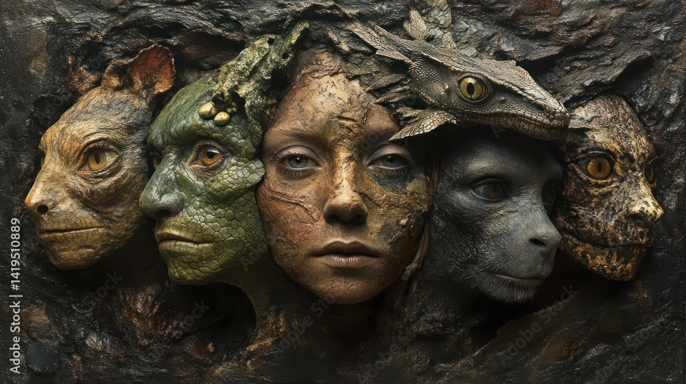 Woman with animalistic features in a textured, rock-like setting Woman with animalistic features in a textured, rock-like setting