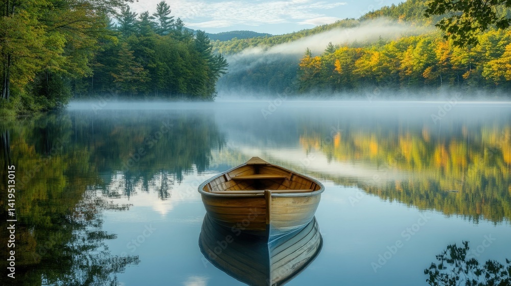 Obraz premium Wooden rowboat on calm, misty lake, autumn foliage.