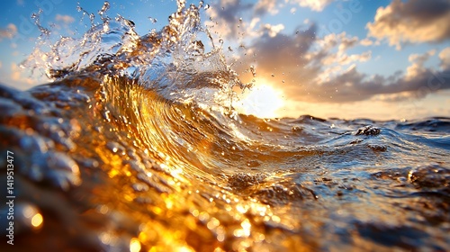 Fototapeta Naklejka Na Ścianę i Meble -  Golden sunrise ocean wave splash