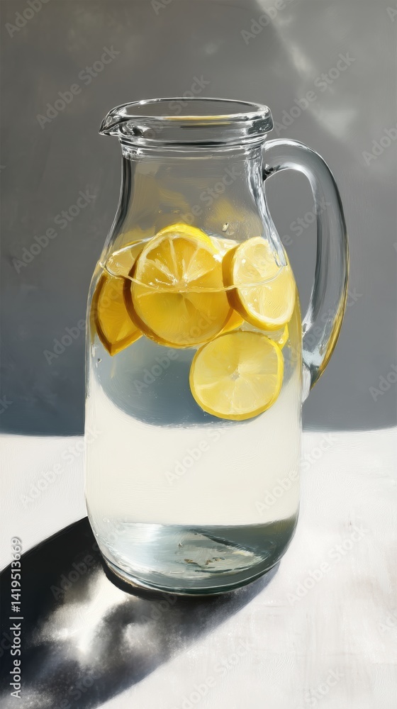 Refreshing lemonade with lemon slices inside a glass pitcher Refreshing lemonade with lemon slices inside a glass pitcher