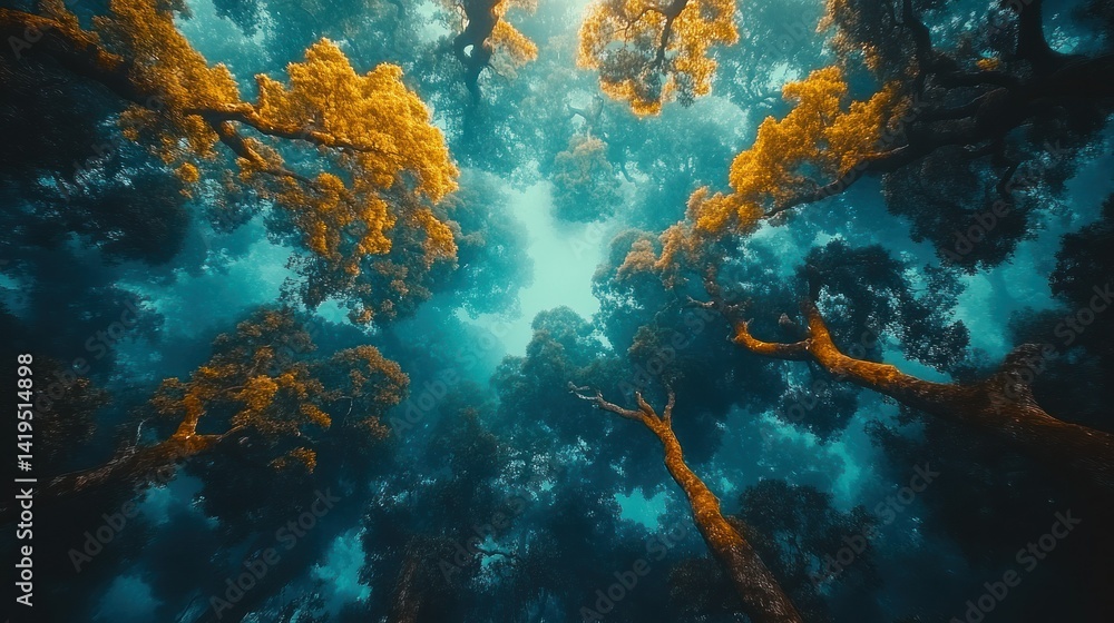 Fototapeta premium Lush forest canopy viewed from below