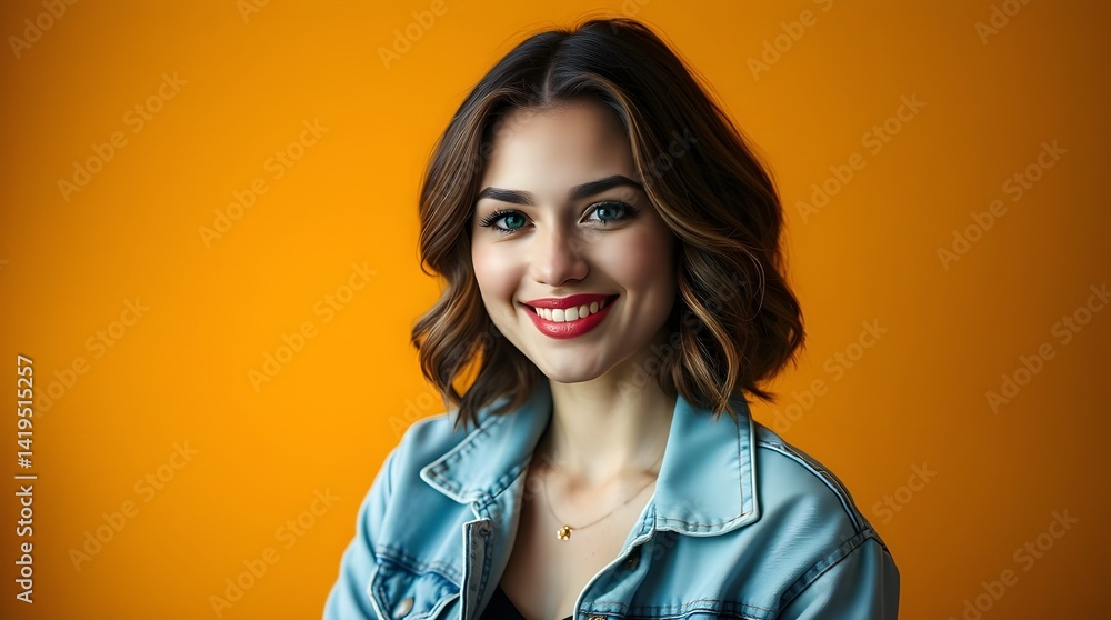 Portrait of a Smiling Woman Wearing a Denim Jacket Against an Orange Background Portrait of a Smiling Woman Wearing a Denim Jacket Against an Orange Background