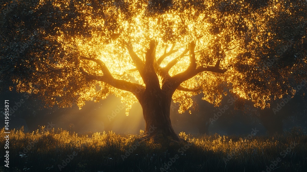 Golden Hour Tree Magical Forest Glow Warm Light Bathes Ancient Tree in Mystical Ambiance Golden Hour Tree Magical Forest Glow Warm Light Bathes Ancient Tree in Mystical Ambiance