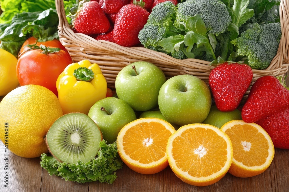 A Vibrant Display Fresh Fruits and Vegetables in a Rustic Basket A Vibrant Display Fresh Fruits and Vegetables in a Rustic Basket