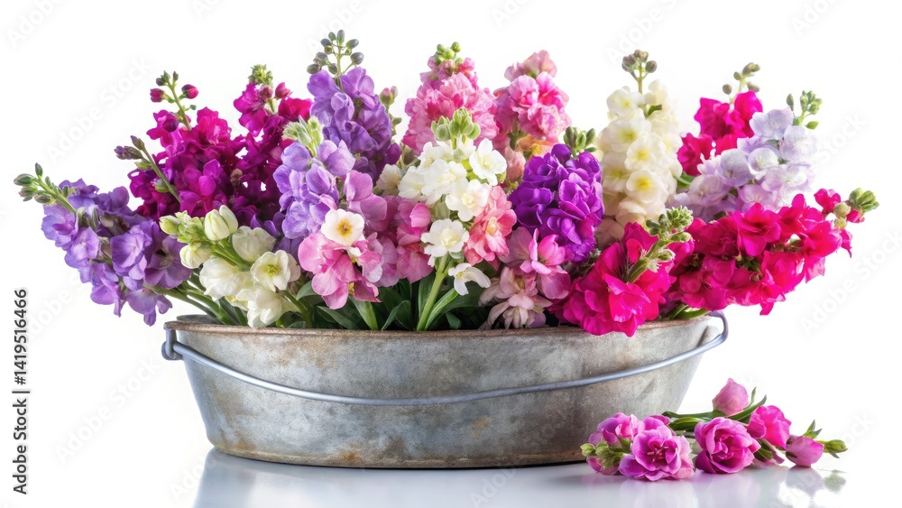 Naklejka premium Long Exposure Photography: Multicolored Matthiola Incana in Antique Basin - Night Bloom, Flower Photography, Garden Photography, Stock Photo