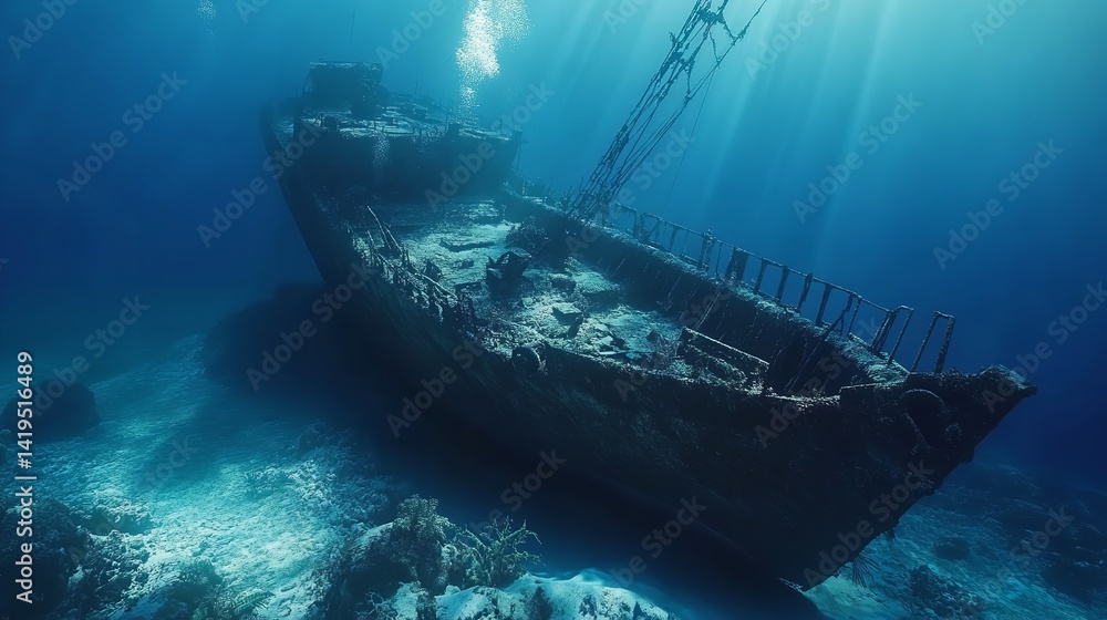 Enigmatic shipwreck rests on ocean floor sunbeams illuminating its decaying structure deep blue Enigmatic shipwreck rests on ocean floor sunbeams illuminating its decaying structure deep blue