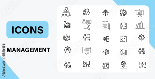Management and Business Icons Vector Set  Line Style Leadership, Teamwork, and Analytics Symbols