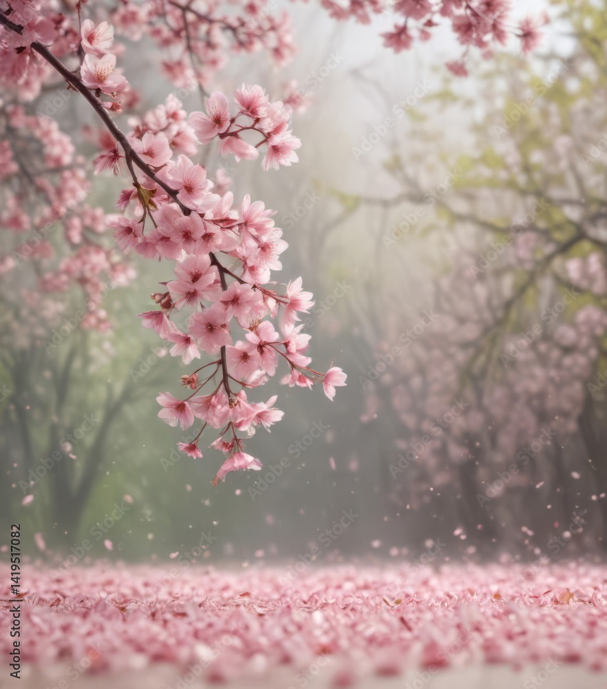 Obraz premium Delicate pink sakura petals drift on soft-focus spring backdrop , cherry blossom, cherry