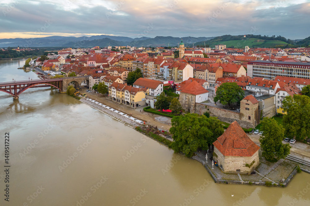 Maribor cityscape aerial view at sunset, Slovenia