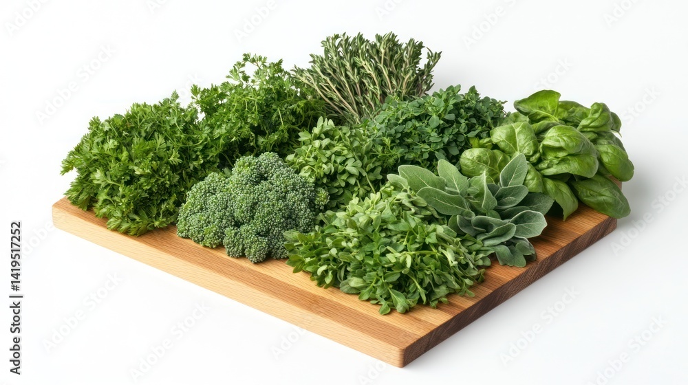 Assortment of Fresh Herbs and Broccoli on Wooden Board Assortment of Fresh Herbs and Broccoli on Wooden Board