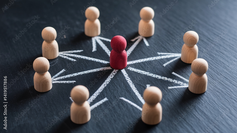 Obraz premium Wooden figures arranged around a central red figure, connected by chalk arrows on a dark surface, showcasing leadership, teamwork, or communication concept
