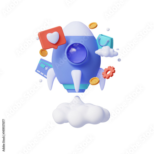 3D rocket with social, shopping and financial icons. Startup launch and ecommerce automation concept. 