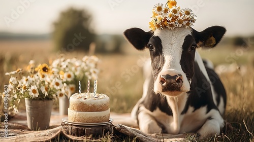 Happy Cow with Birthday Cake in Sunny Field