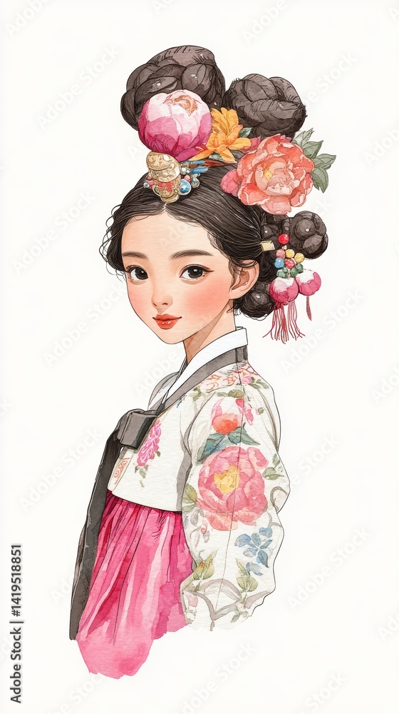 A portrait of a gracefully dressed woman in traditional attire, adorned with elegant floral decorations in her hair A portrait of a gracefully dressed woman in traditional attire, adorned with elegant floral decorations in her hair