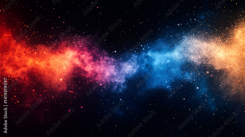 Naklejka premium Grainy noise texture backdrop, vibrant glowing blue, red, orange abstract gradient shapes on black. Dark banner, poster, header, cover, wallpaper design