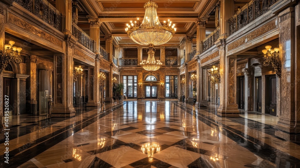 Obraz premium Opulent lobby featuring marble floors and stunning chandeliers