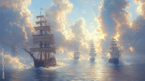 Sailing ships in a dramatic, sunlit seascape.  Vast clouds fill the sky