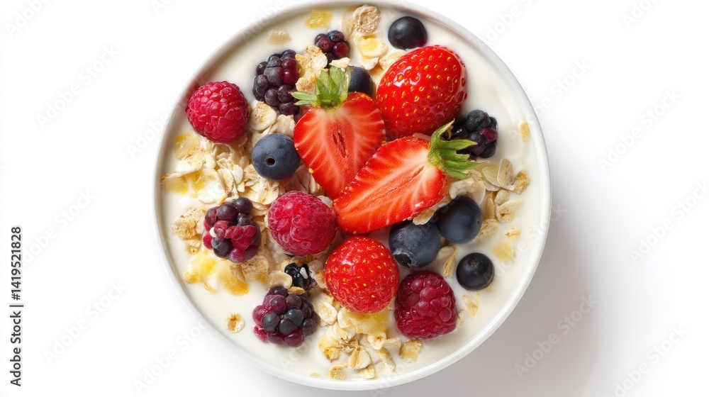 A bowl of delicious and colorful breakfast consisting of granola and fresh berries. The image is taken from a top-down perspective, presenting a visually appealing and nutritious meal A bowl of delicious and colorful breakfast consisting of granola and fresh berries. The image is taken from a top-down perspective, presenting a visually appealing and nutritious meal