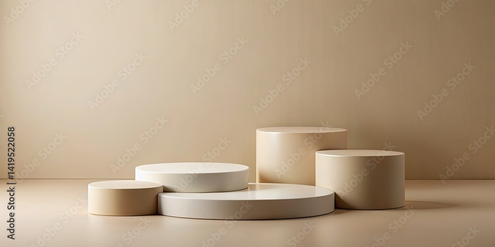 Surreal Minimalist Podium: Cylindrical Objects, Beige Background, Clean Lines, Abstract Art, Modern Design Surreal Minimalist Podium: Cylindrical Objects, Beige Background, Clean Lines, Abstract Art, Modern Design