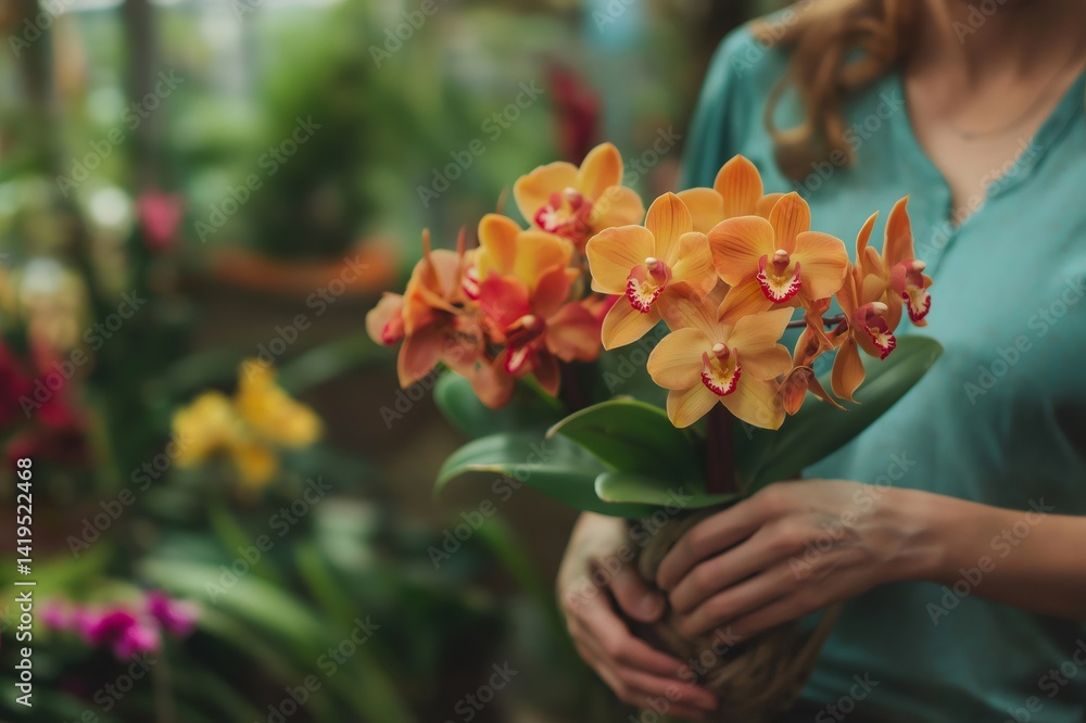 Naklejka premium Gardener showcasing a vibrant orange orchid amidst a greenhouse brimming with a variety of colorful flowers and lush greenery