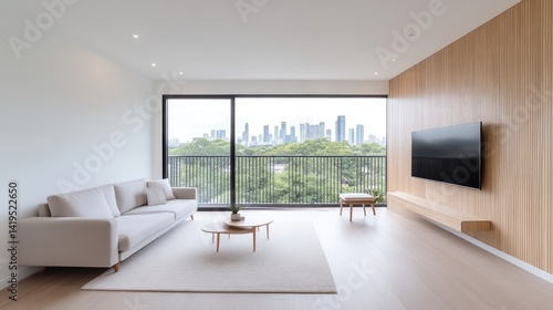 Modern minimalist living room with city view