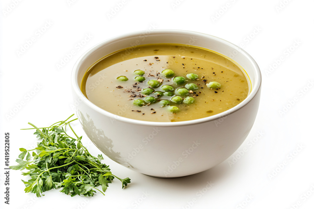 a bowl of soup with peas and a sprig of parsley a bowl of soup with peas and a sprig of parsley