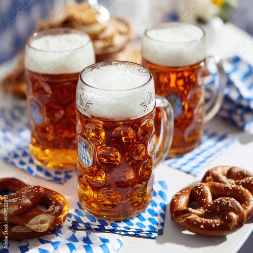 A cheerful collection of beer mugs and pretzels on a table, capturing the essence of conviviality