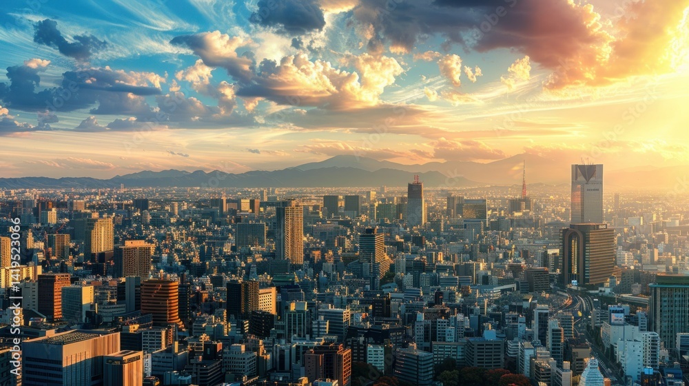 Fototapeta premium Cityscape of a Japanese city with mountains in the distance