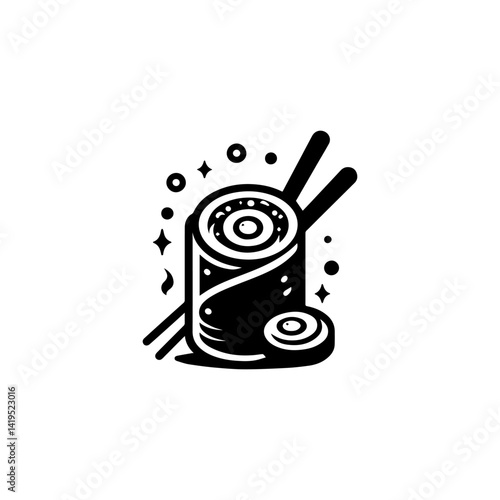 Line art illustration of lumpia spring rolls stacked on round plate, traditional Indonesian snack