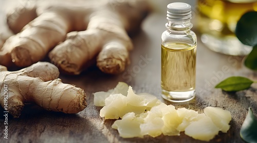 Fresh ginger root and its extracted essential oil displayed on a rustic wooden surface showcasing its natural healing properties.