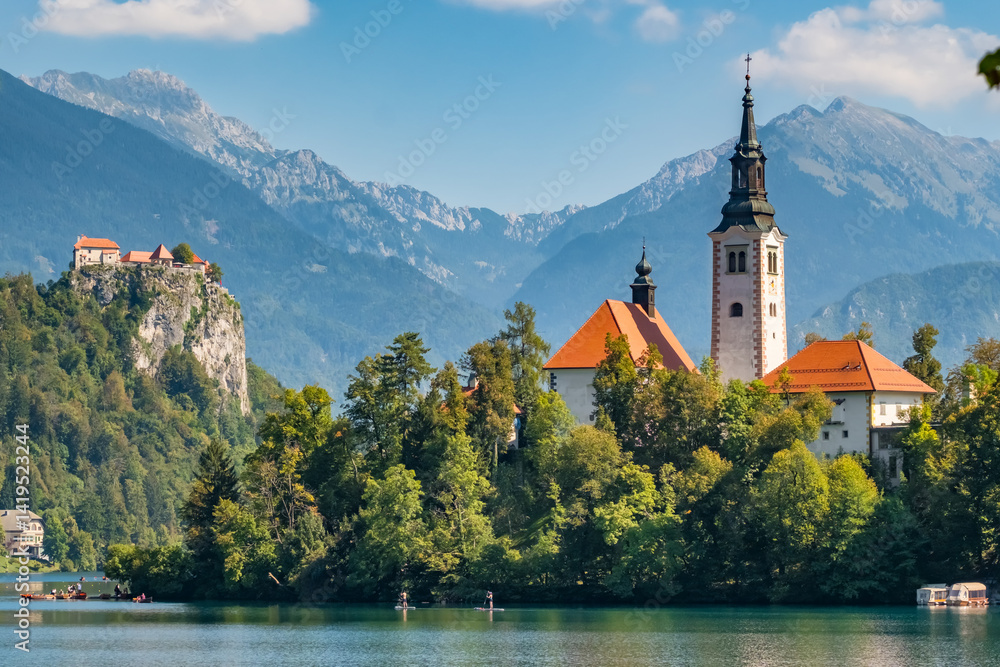 Panorama of the Bled Lake, island with a Church and Bled Castle in Slovenia