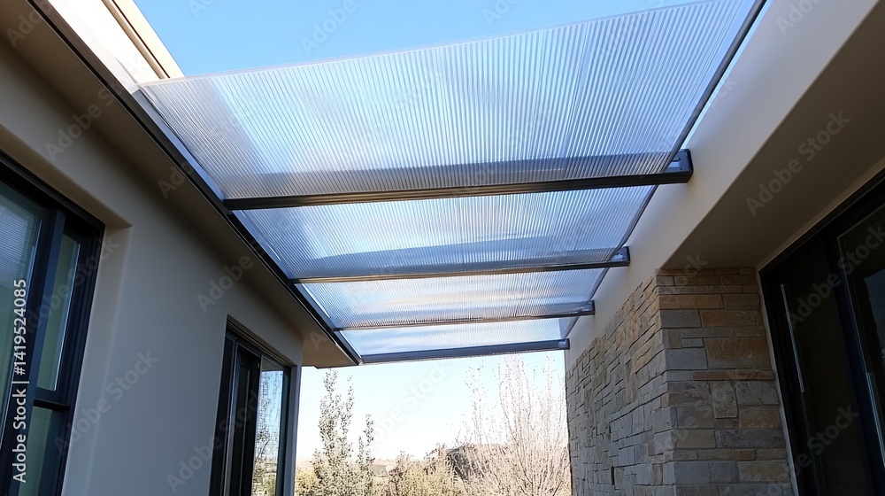 Carport built into side of house with suspended PVC roof panels and secure anchoring system Carport built into side of house with suspended PVC roof panels and secure anchoring system