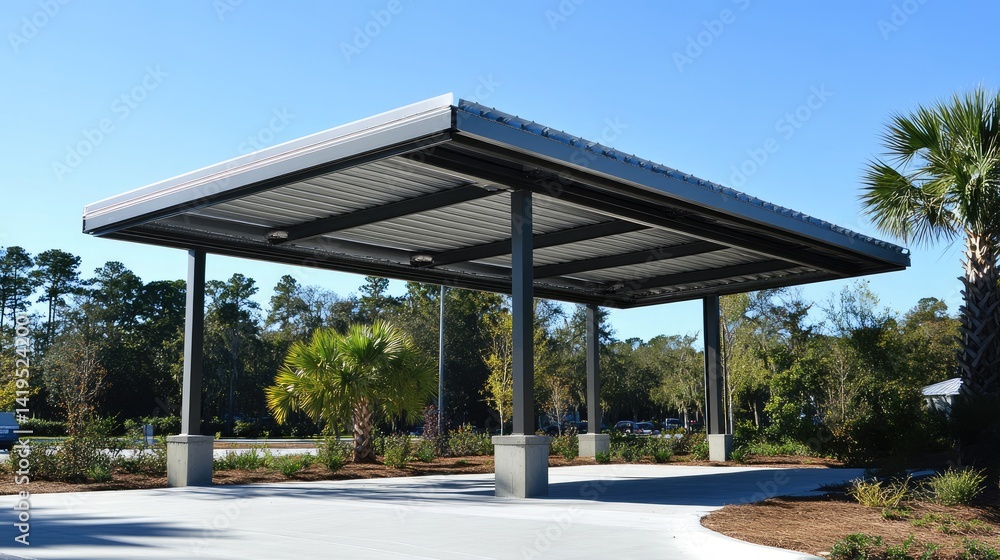 Carport with smooth gray PVC panels and aluminum support beams anchored into concrete Carport with smooth gray PVC panels and aluminum support beams anchored into concrete