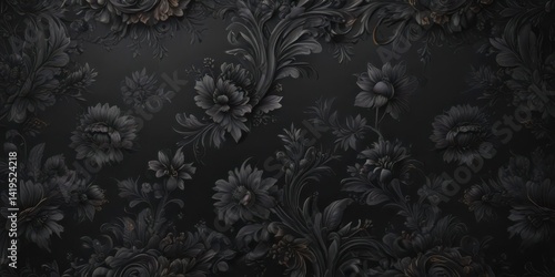 Luxurious black floral wallpaper, deep charcoal hues, ornate design , charcoal wallpaper, shadow, damask