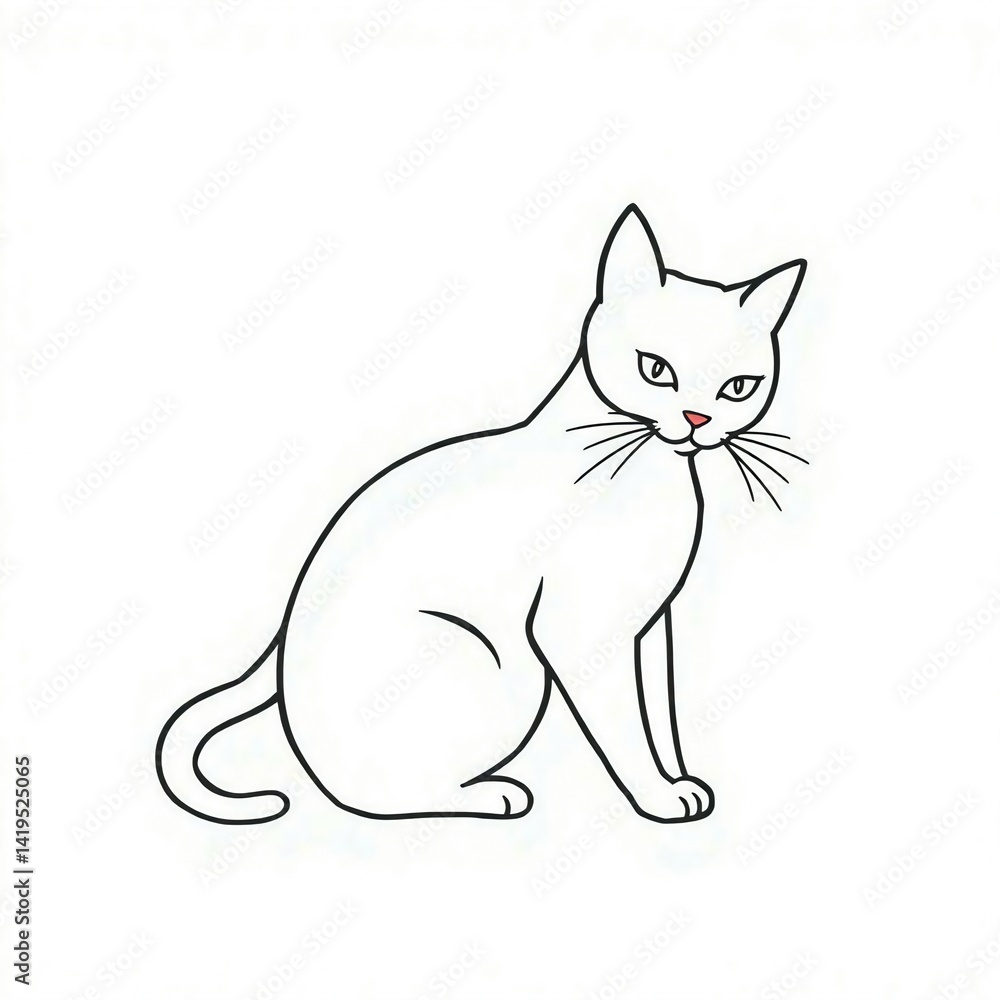 Simple White Cat Outline Illustration - Minimalist Feline Drawing with Red Nose and Eyes Simple White Cat Outline Illustration - Minimalist Feline Drawing with Red Nose and Eyes