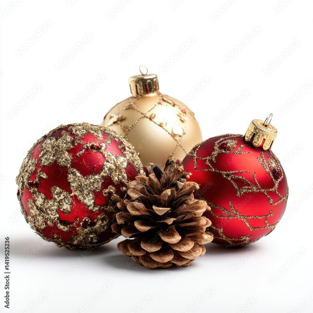 Red and gold Christmas baubles with pine cone Red and gold Christmas baubles with pine cone