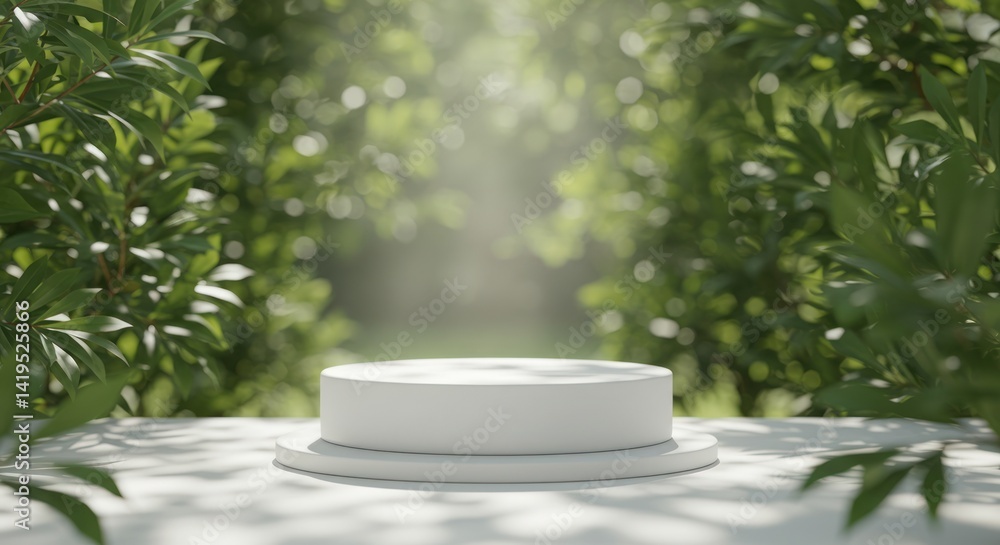 White podium platform in a natural setting with green leaves and sunlight. White podium platform in a natural setting with green leaves and sunlight.