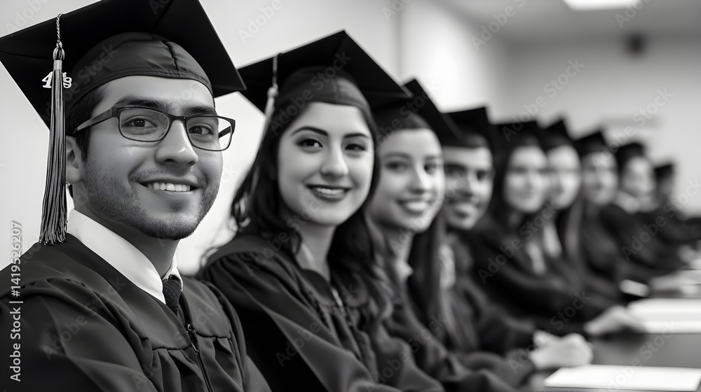 Obraz premium A diverse group of smiling graduates in caps and gowns pose for a celebratory graduation photograph together.