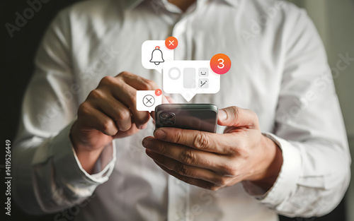 Man Holds Smartphone with Notification Icons Social Media, Messages, Missed Calls, Alerts, and Digital Connection