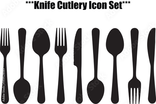 A clean and modern graphic design featuring black silhouettes of various cutlery pieces (forks, knives, spoons) arranged against a plain white background.