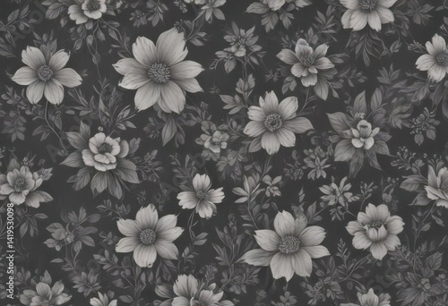 Subtle charcoal grey floral wallpaper, small scale repeat pattern, minimalist, decor, texture