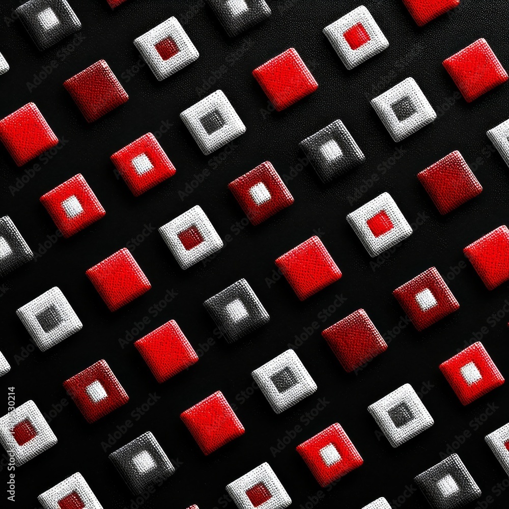 Abstract Composition of Textured Squares in Red, White, and Black on a Dark Background